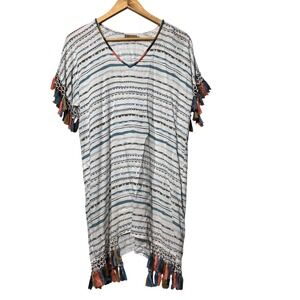 Skemo Womens XS Tribal Print Beaded Tassel Tunic Dress Boho Rayon Mini Cream